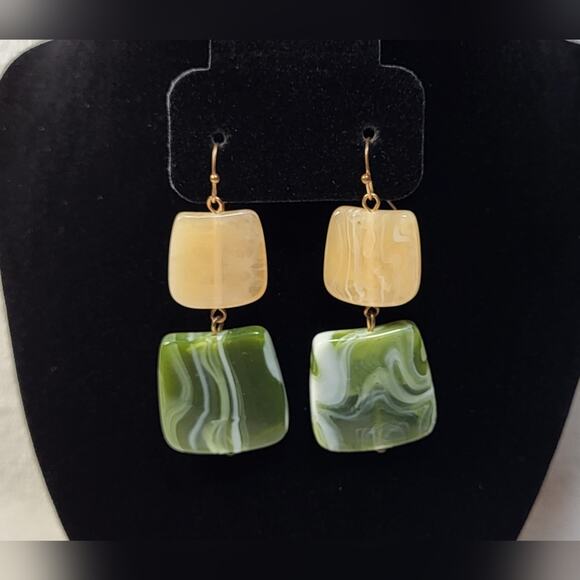 Cream and Green Geometric Statement Dangle Earrings - Picture 6 of 7